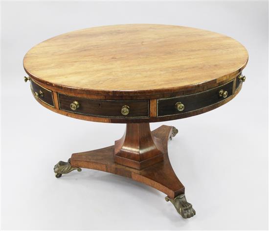 A 19th century circular rosewood drum table, stamped Gregory & Co, Regent Street, London, W.3ft 6in.